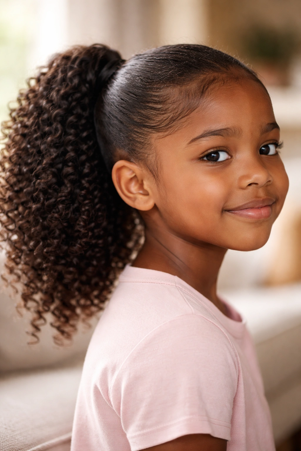 Close-up of a child with a healthy natural hair ponytail, highlighting curls and scalp care