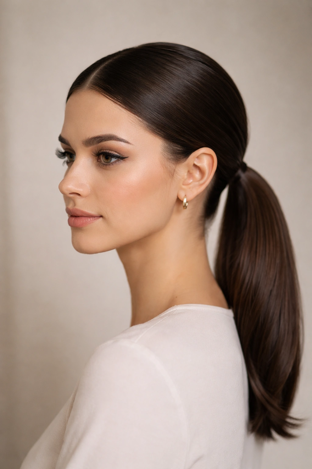 Close-up of a sleek low ponytail with a middle part on a single person, polished and glossy