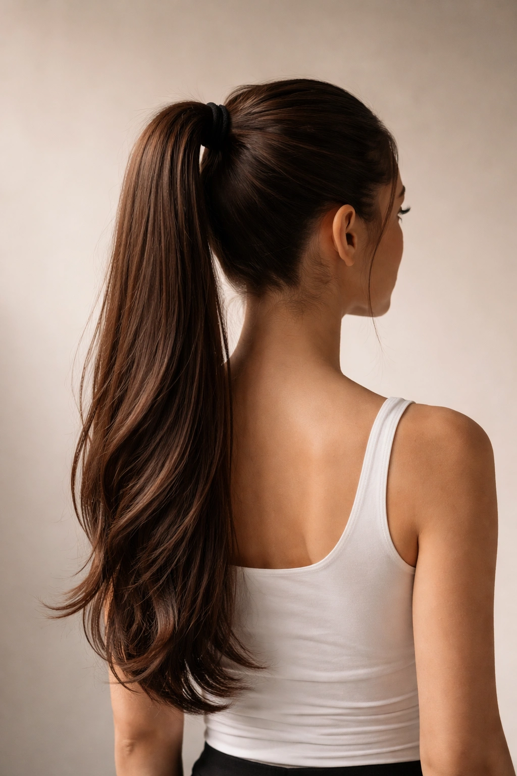Silhouette of a person with a high ponytail seen from behind in a neutral studio setting