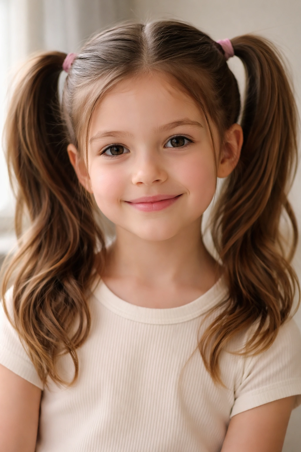 Close-up of a child with double ponytails, showcasing a playful hairstyle in soft natural light