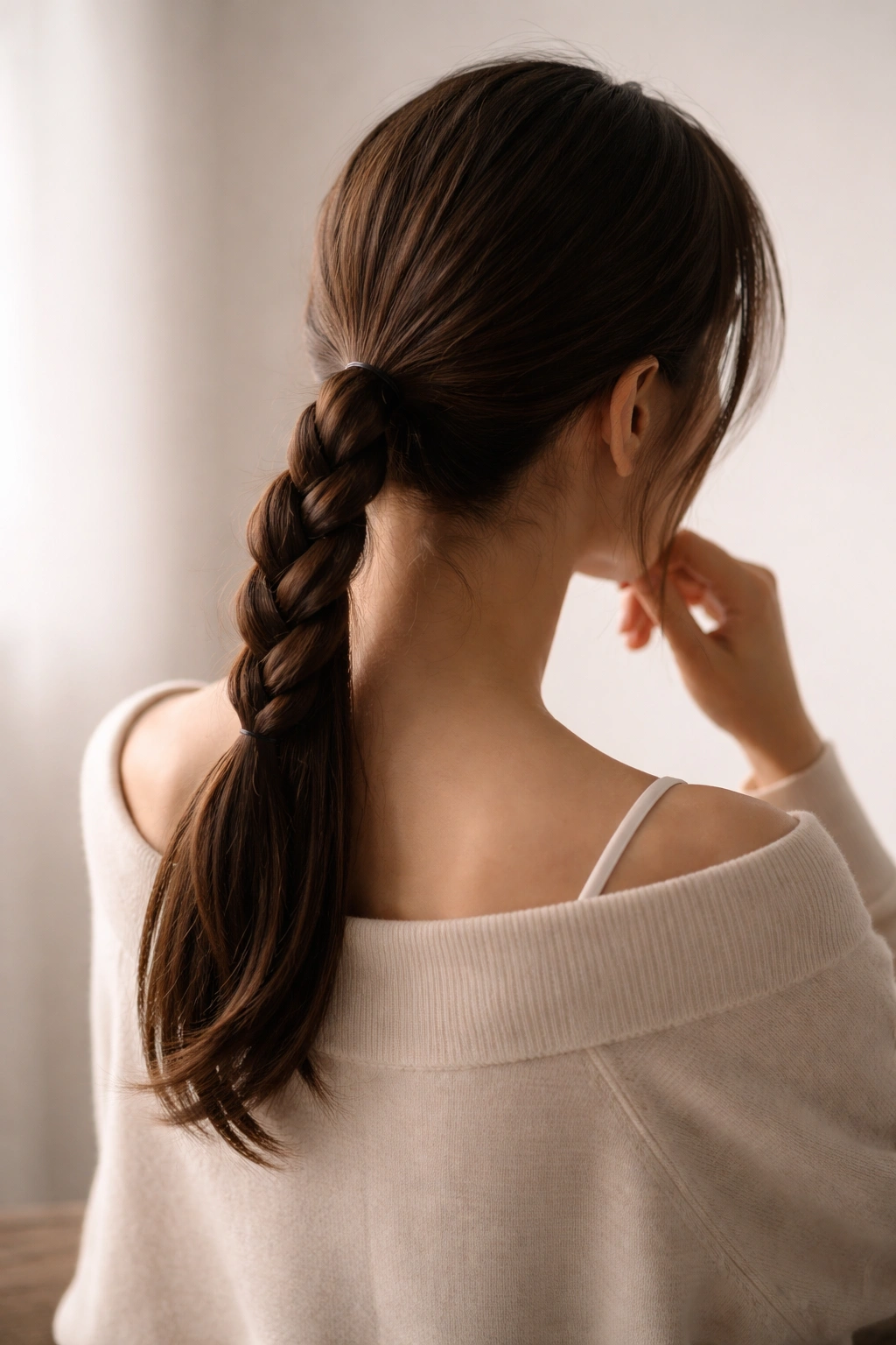 Contemplative figure with simple ponytail viewed from behind
