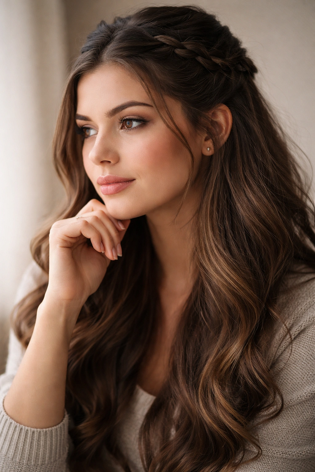 Contemplative portrait of a person with thick hair in a simple half-up style