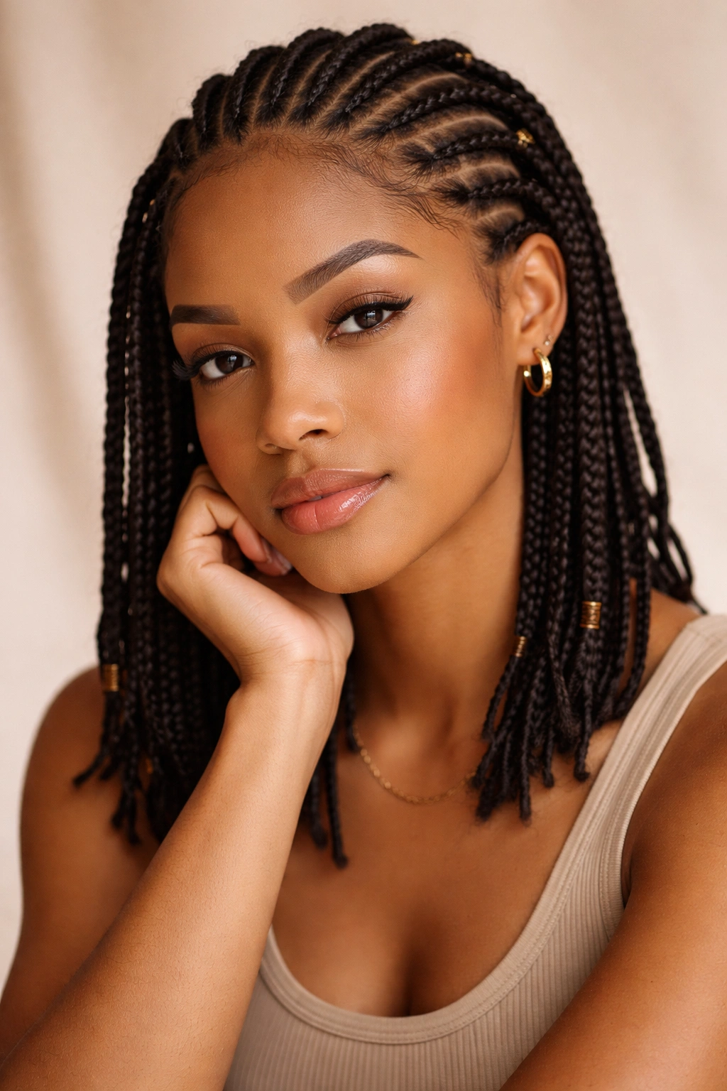 Contemplative portrait with calm expression and cornrow hairstyle