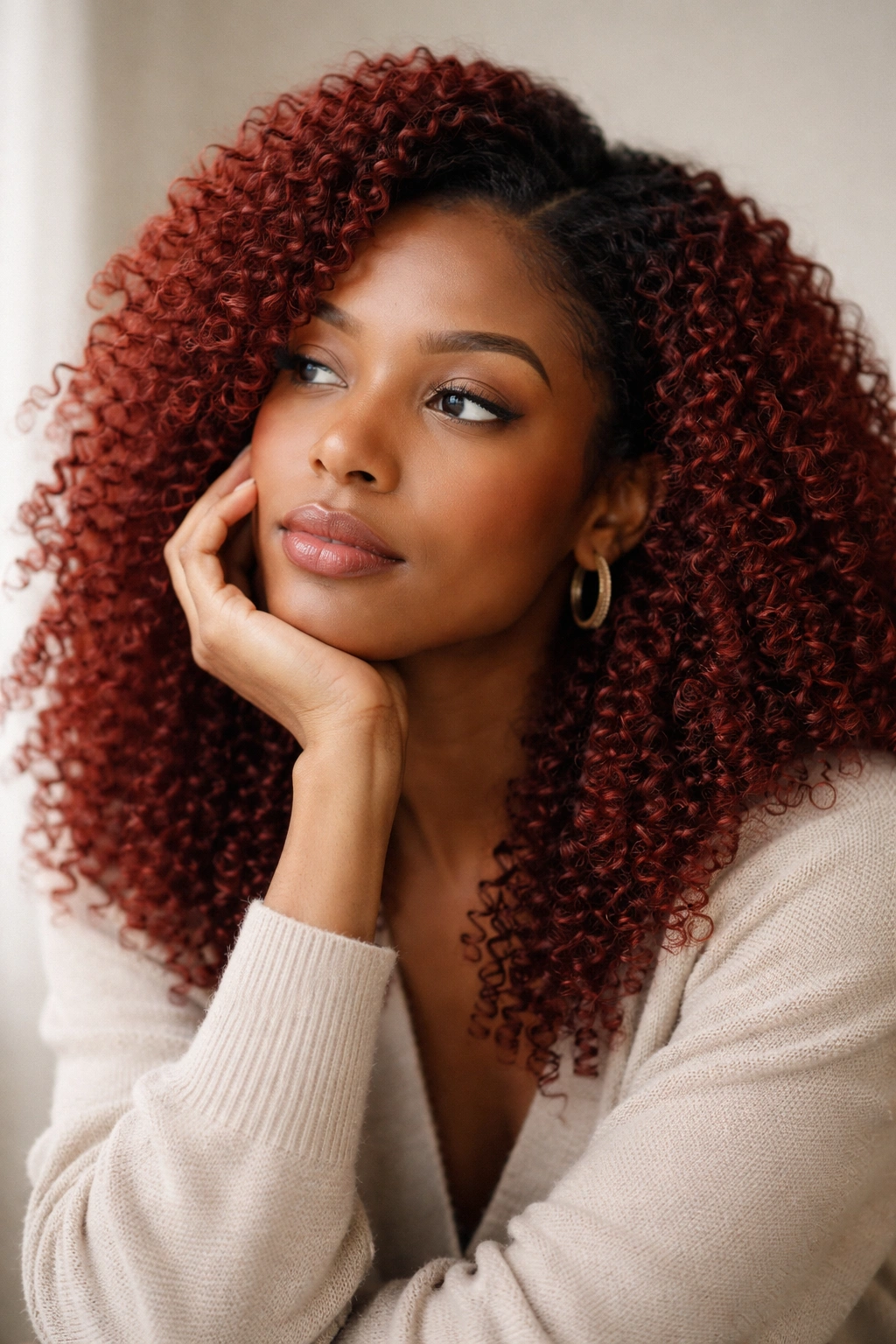 Portrait of a calm person with coily hair in thoughtful pose