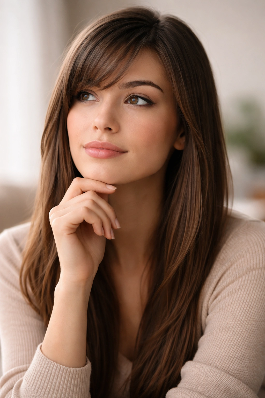 Thoughtful portrait of a person with straight hair contemplating hairstyle choices.