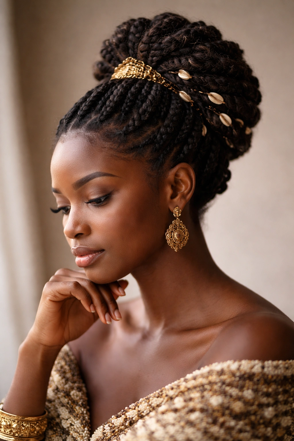 Introspective portrait with natural hair in Igbo-inspired updo