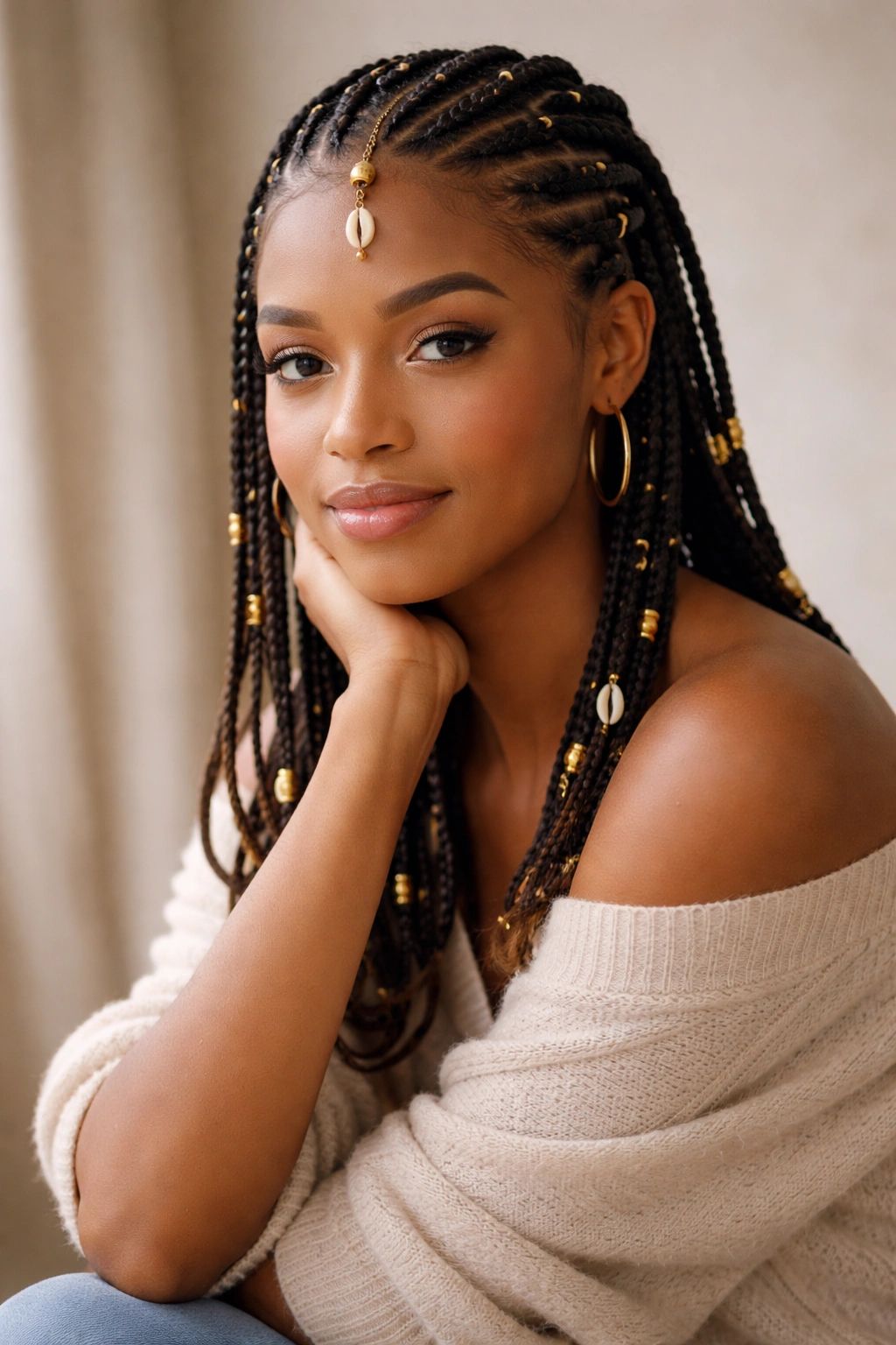 Portrait of a calm person with short natural Fulani-inspired braids