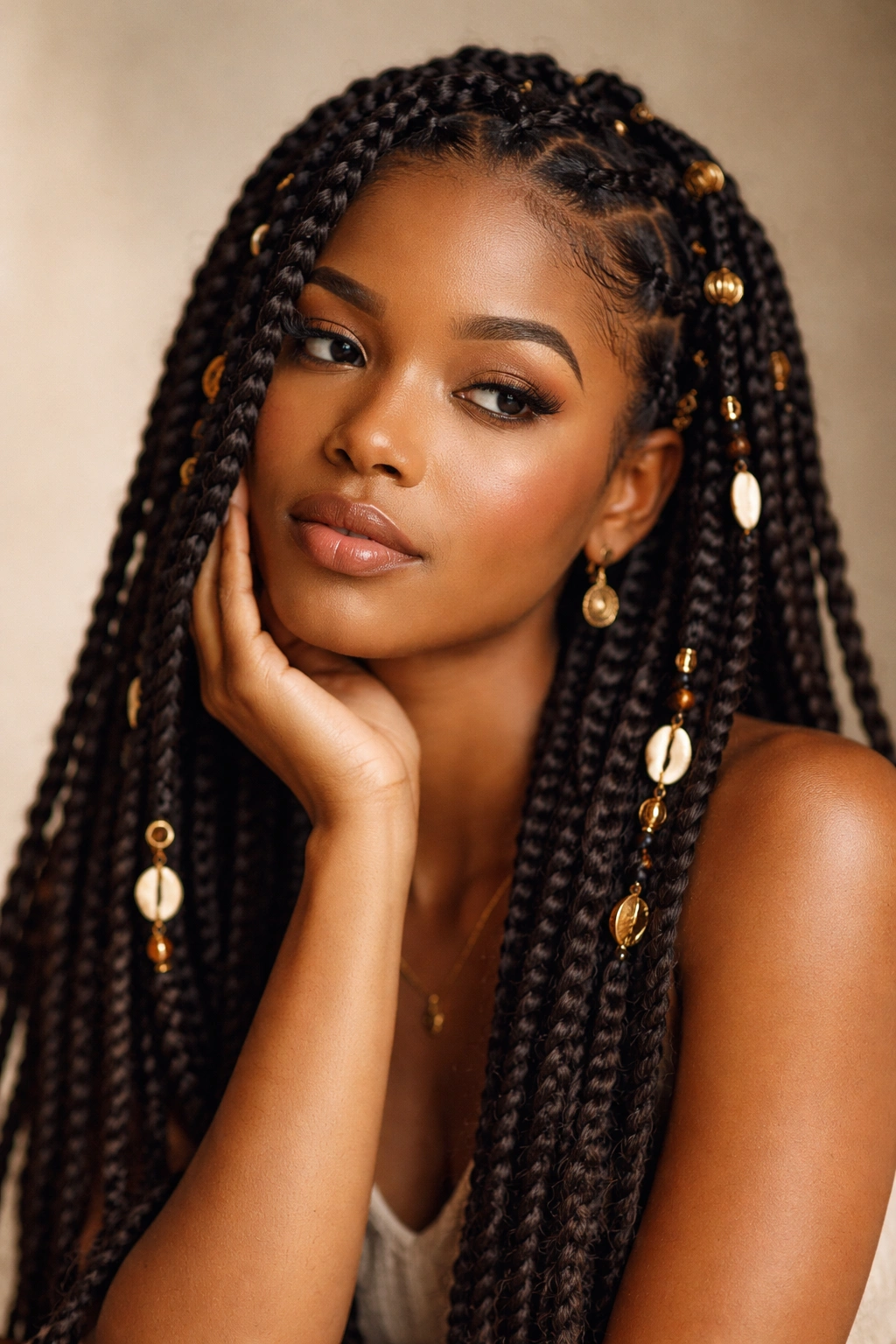 Contemplative portrait of a person with Fulani twists against a neutral backdrop