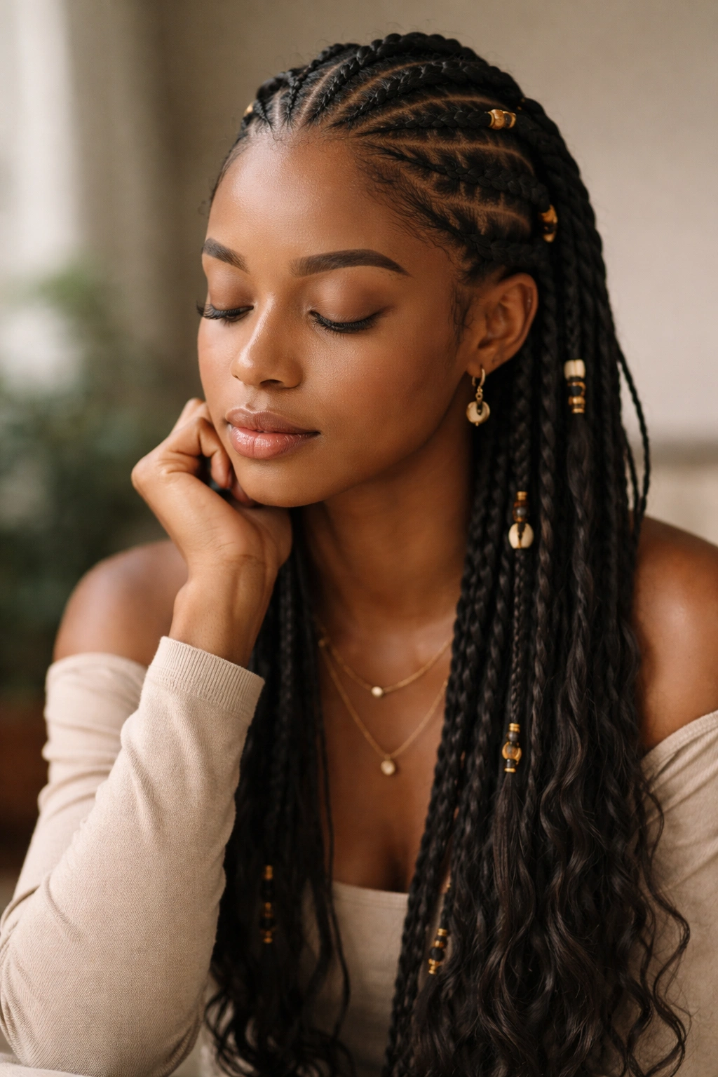 Portrait of a calm person with finished Fulani braids in a minimalist studio
