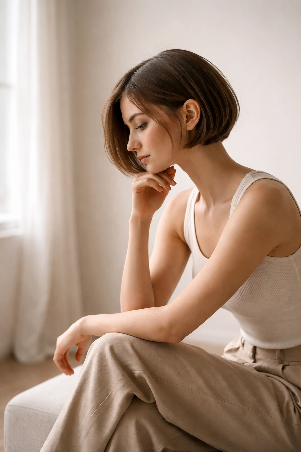 Solitary person in a contemplative pose in a minimalist studio