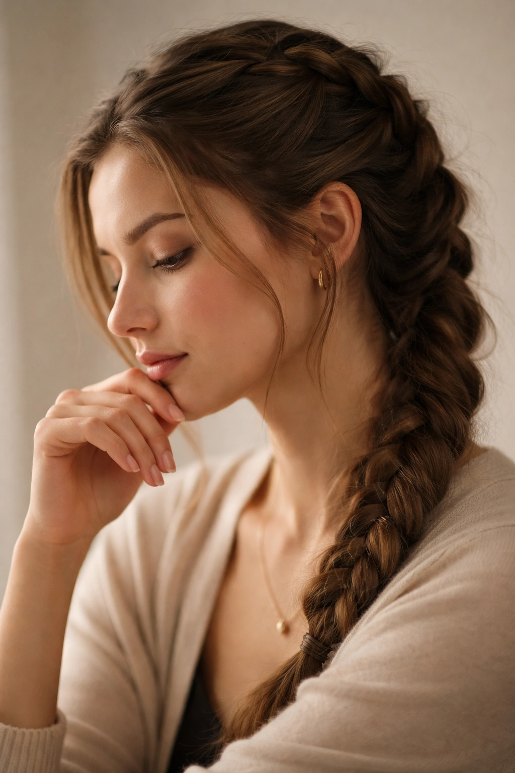Profile portrait of a contemplative person against a neutral backdrop.
