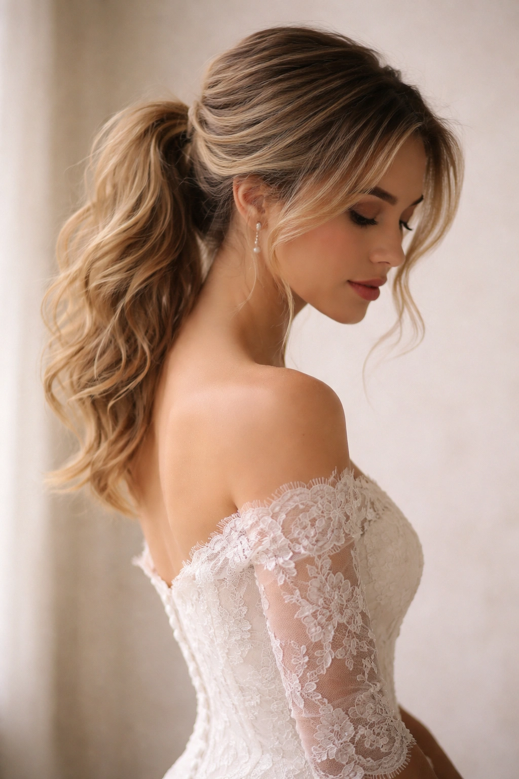 Portrait of a person with a loose bridal ponytail in a minimal studio with warm lighting