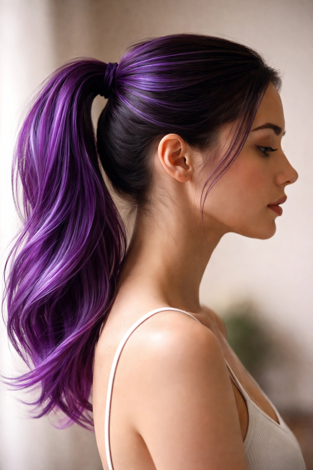Profile silhouette of head with purple ponytail against neutral backdrop