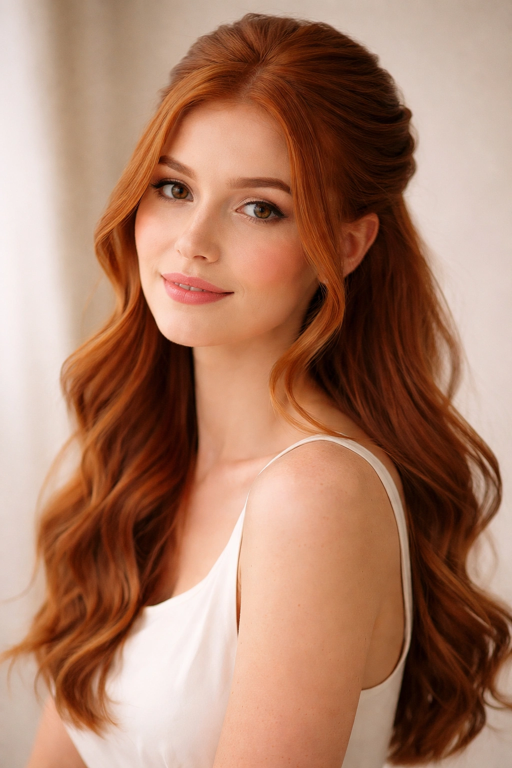 Calm portrait of a red-haired person with a simple half-up hairstyle
