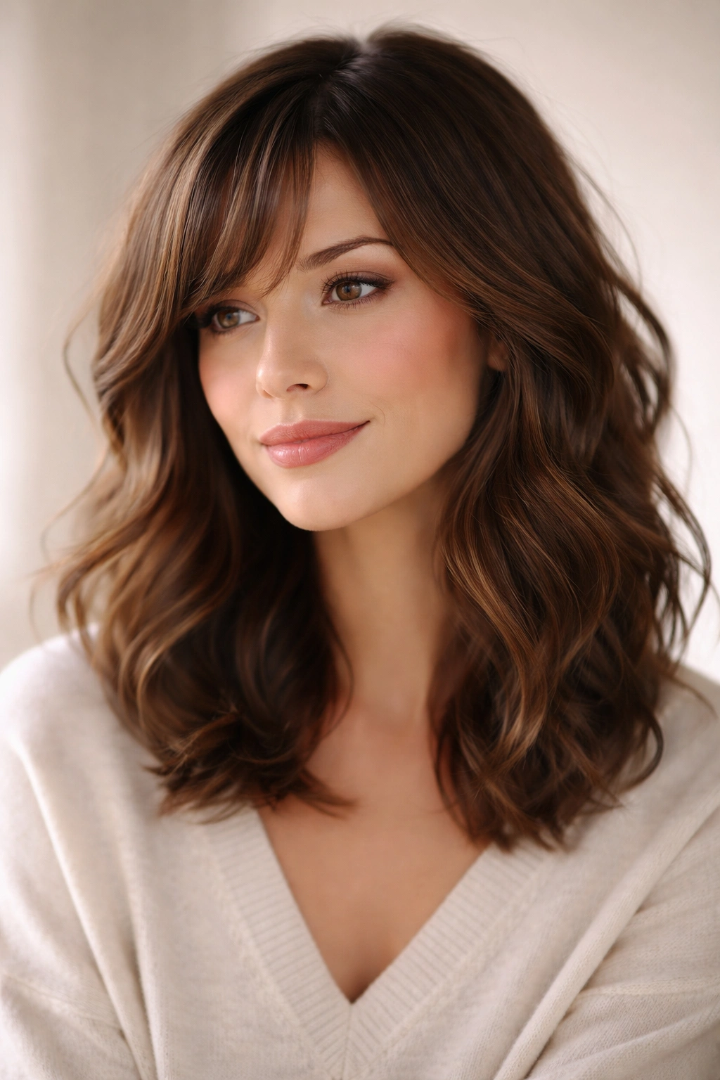 Contemplative portrait of a person with shoulder-length wavy hair and side bangs.