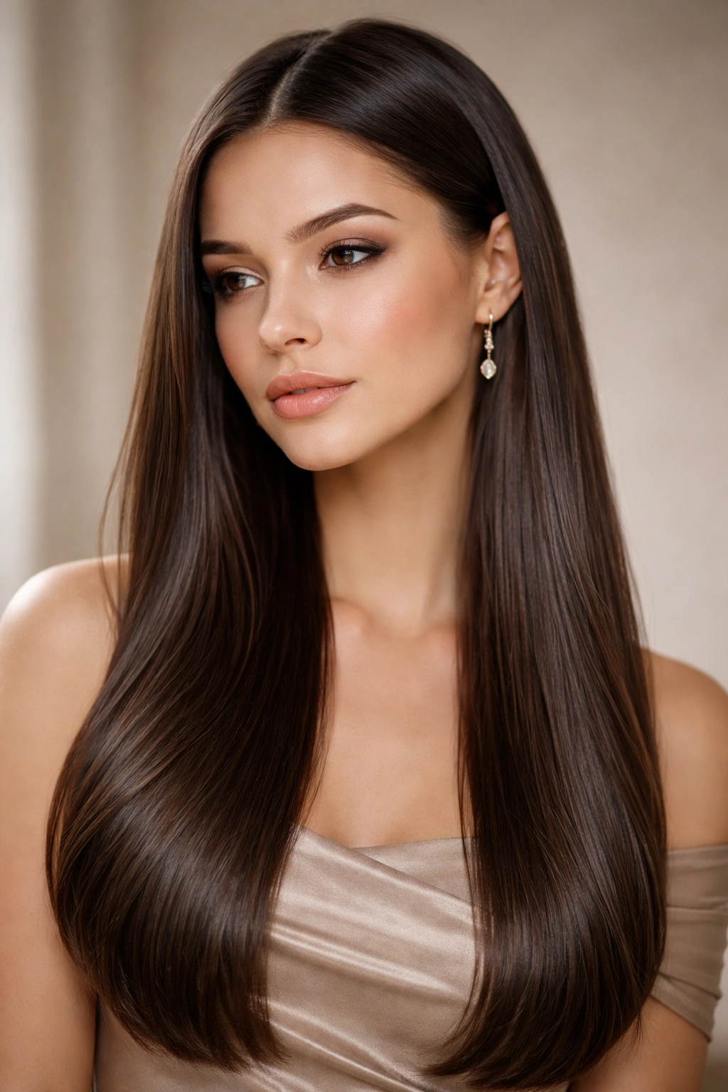 Contemplative portrait emphasizing sleek straight hair.
