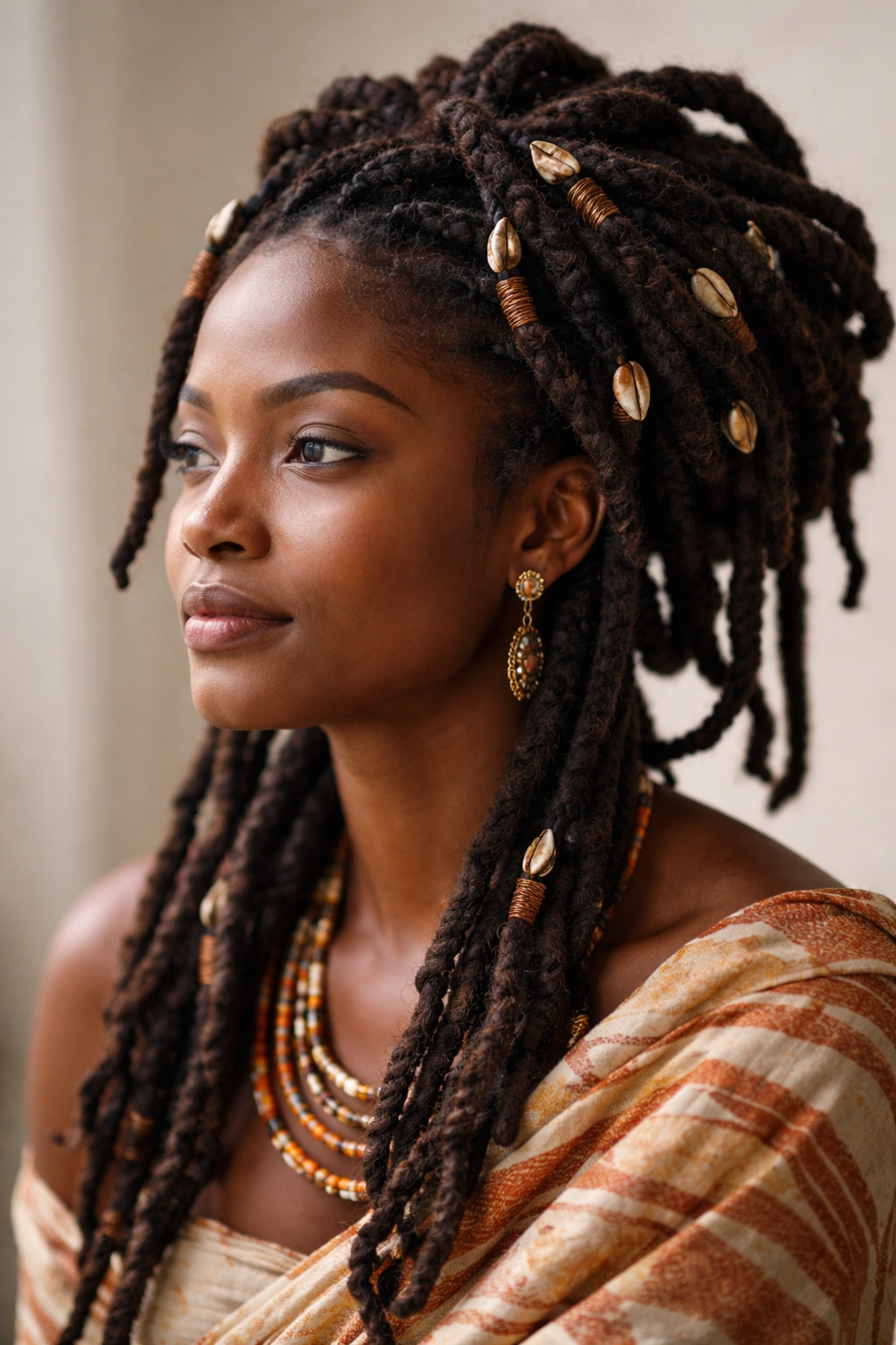 Contemplative Yoruba woman with Dada hairstyles in a studio portrait