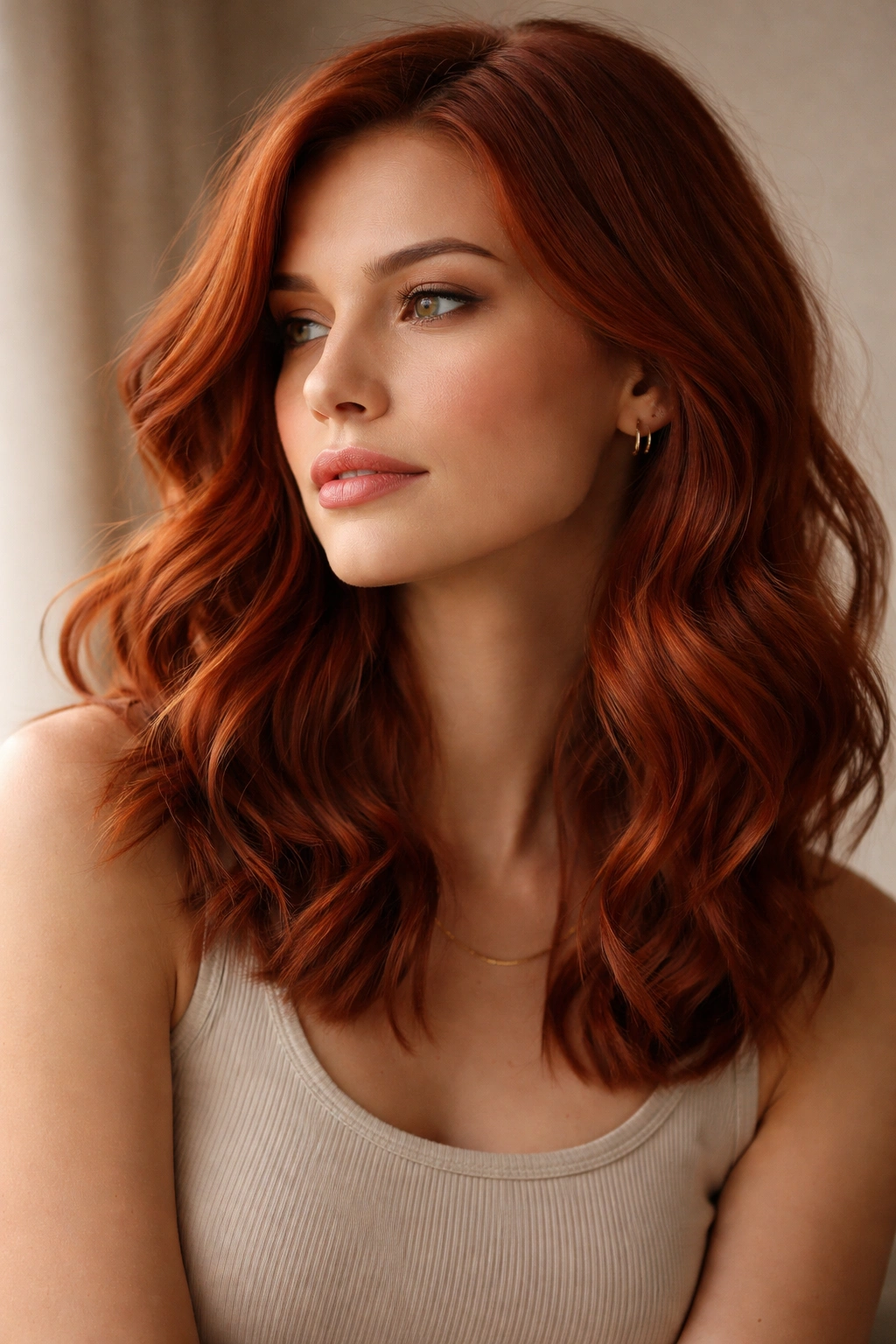 Contemplative portrait of red shoulder-length medium wavy hair.