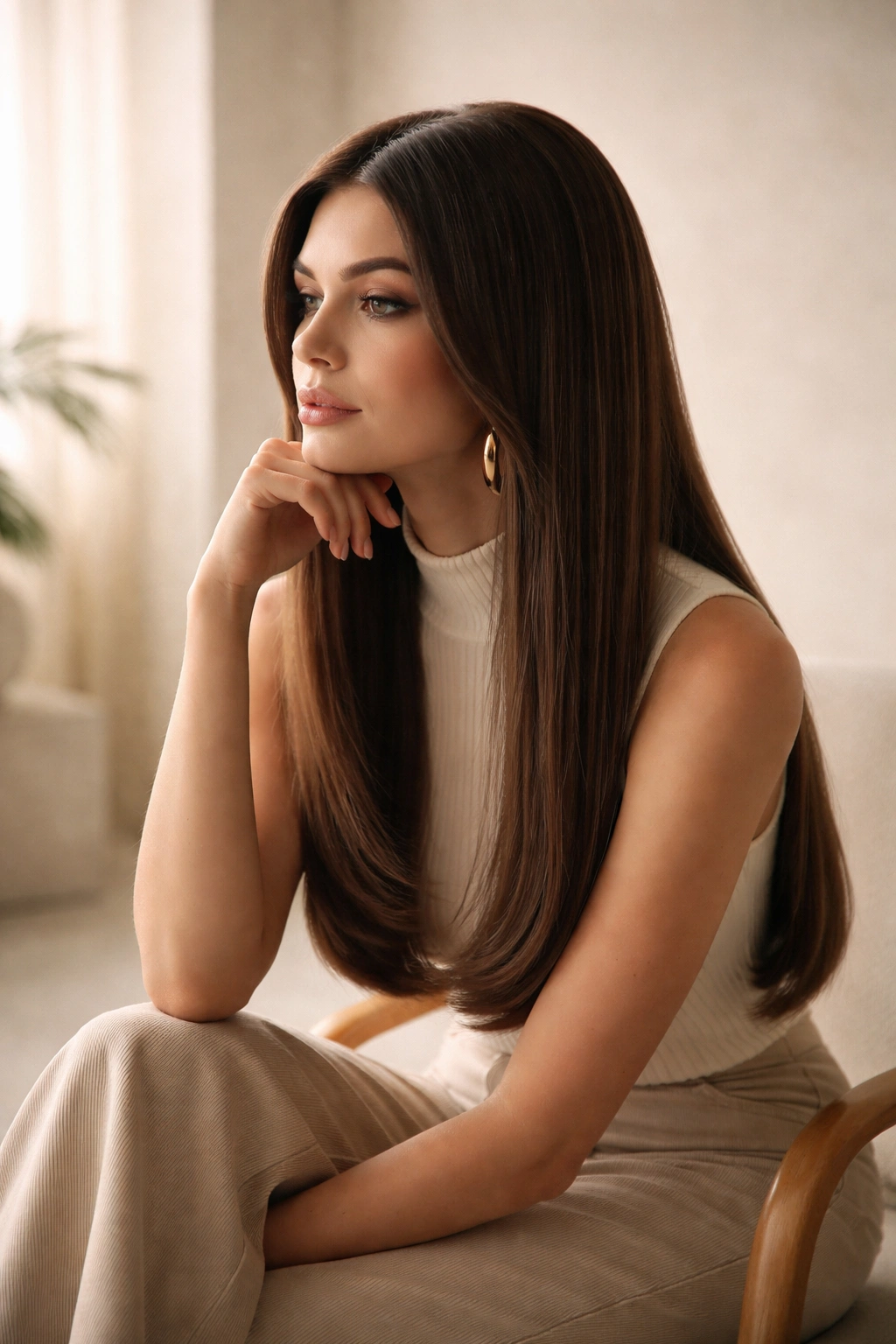 Contemplative figure with retro-straight hair in a minimalist studio