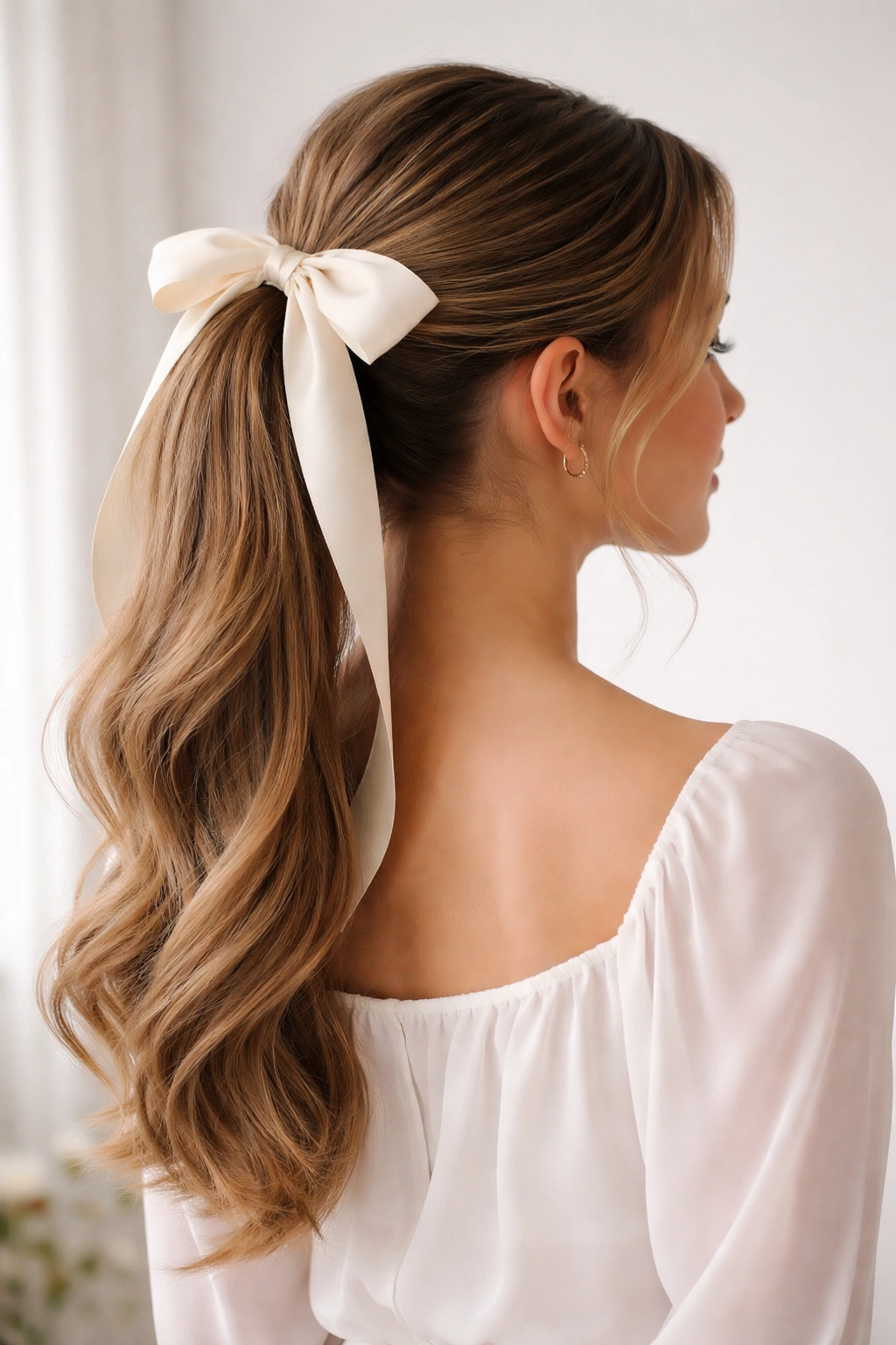 Polished ponytail with ribbon accent in a studio setting