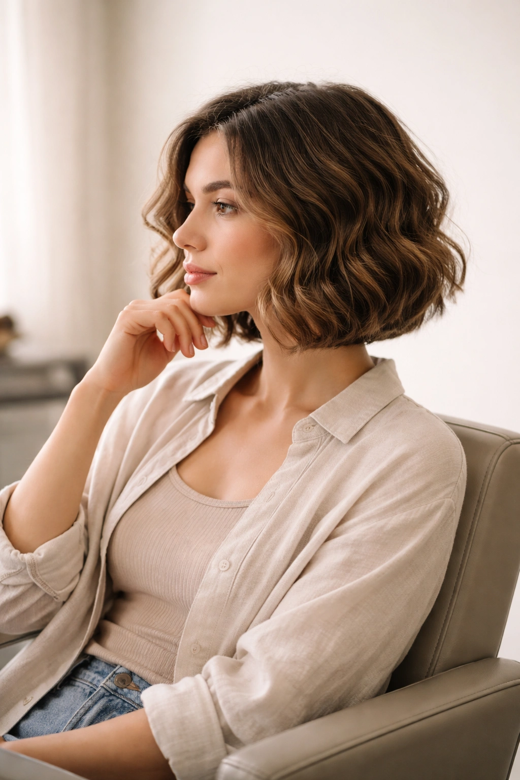 Thoughtful person in a salon chair considering a hairstyle