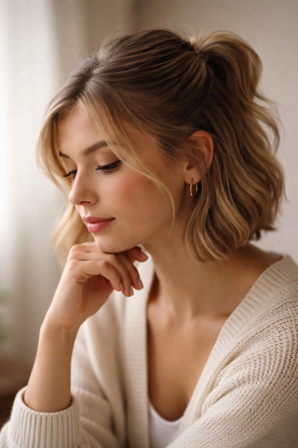 Contemplative portrait of a person with short hair in a minimalist half-up look