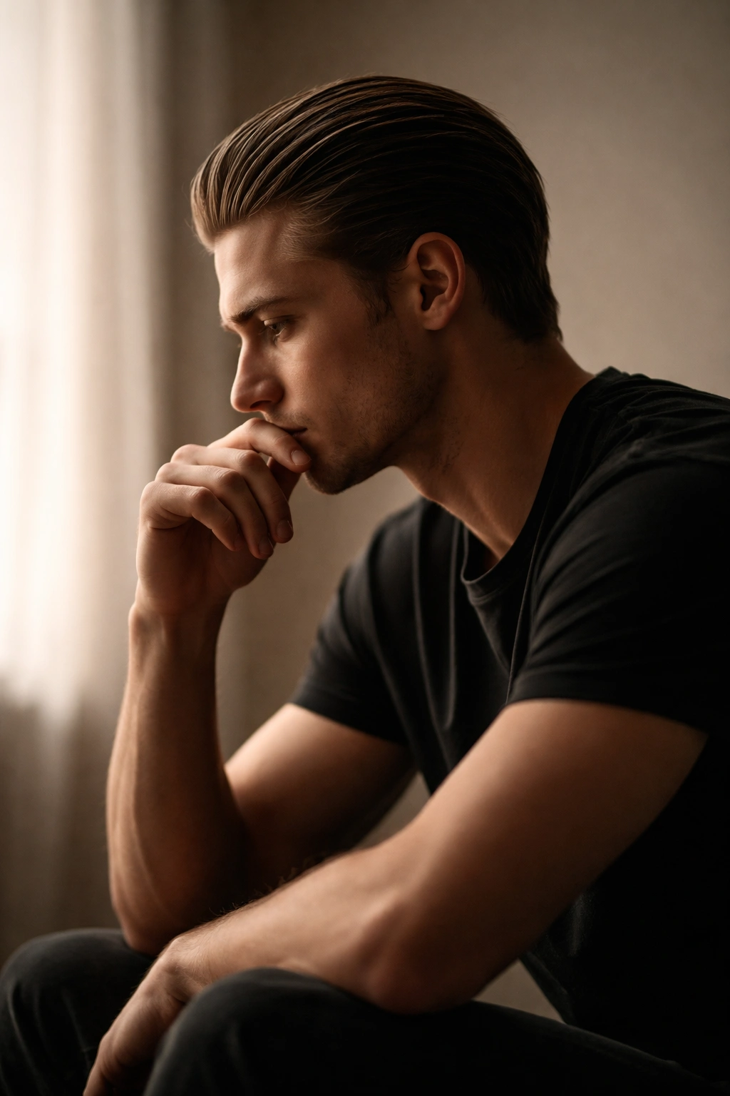 Silhouette of a thinking figure against a neutral gradient