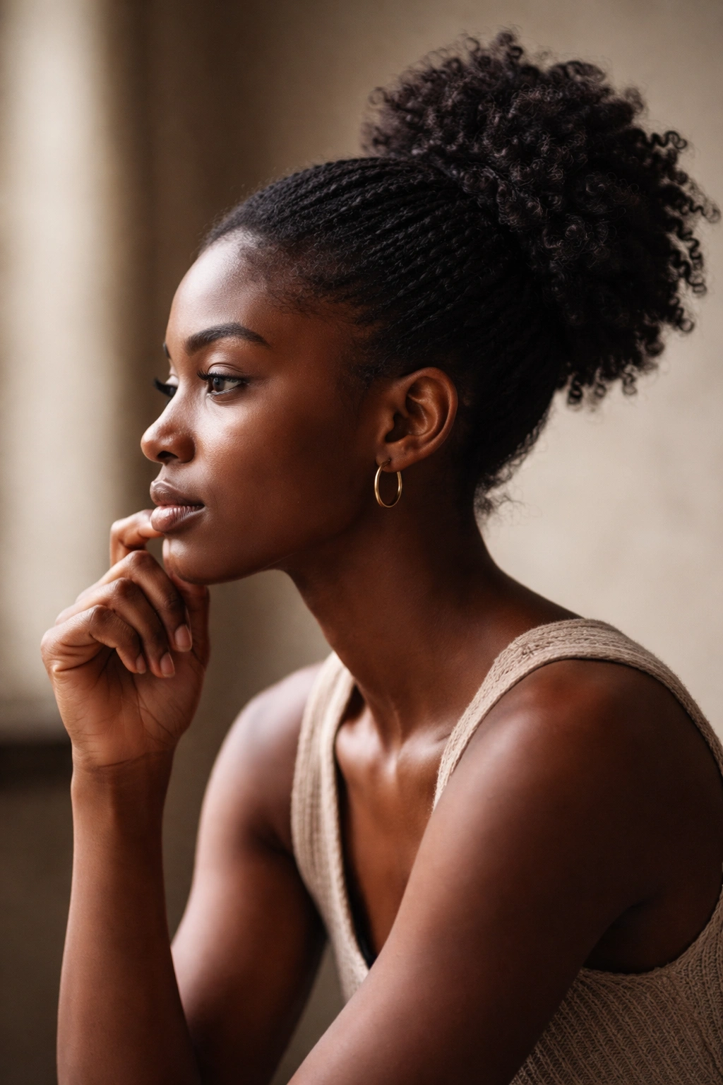 Silhouette of a person in thoughtful pose with natural hairstyle