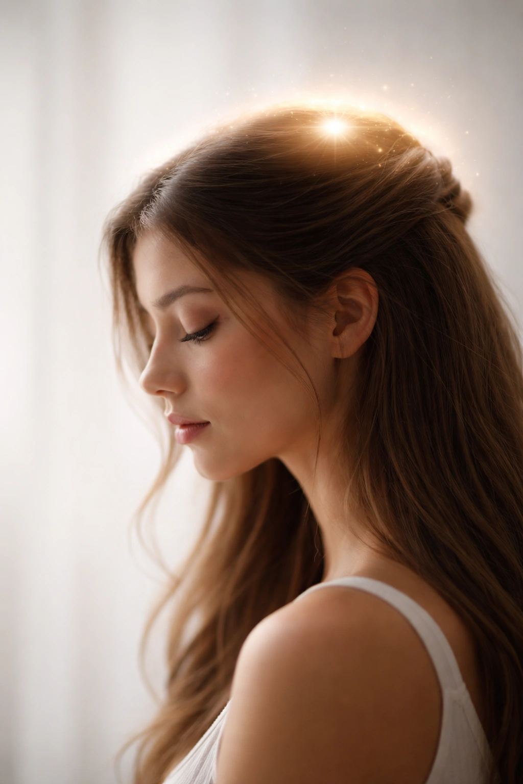 Abstract head silhouette with glowing crown symbolizing final thoughts, minimalist background