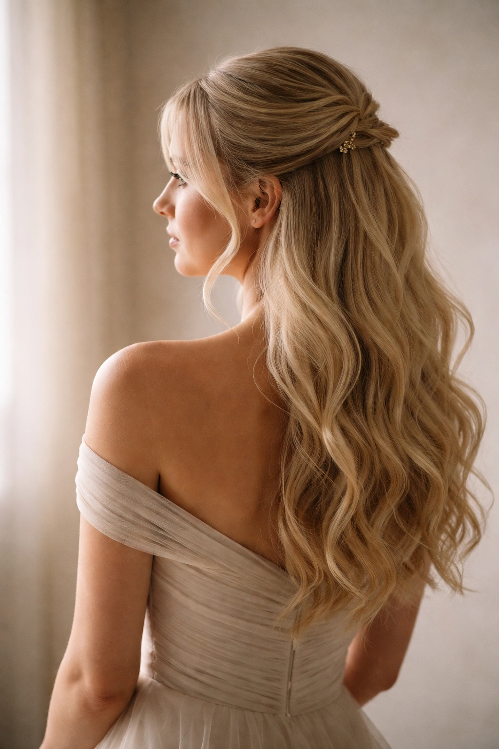Contemplative silhouette of a blonde bridesmaid in soft lighting