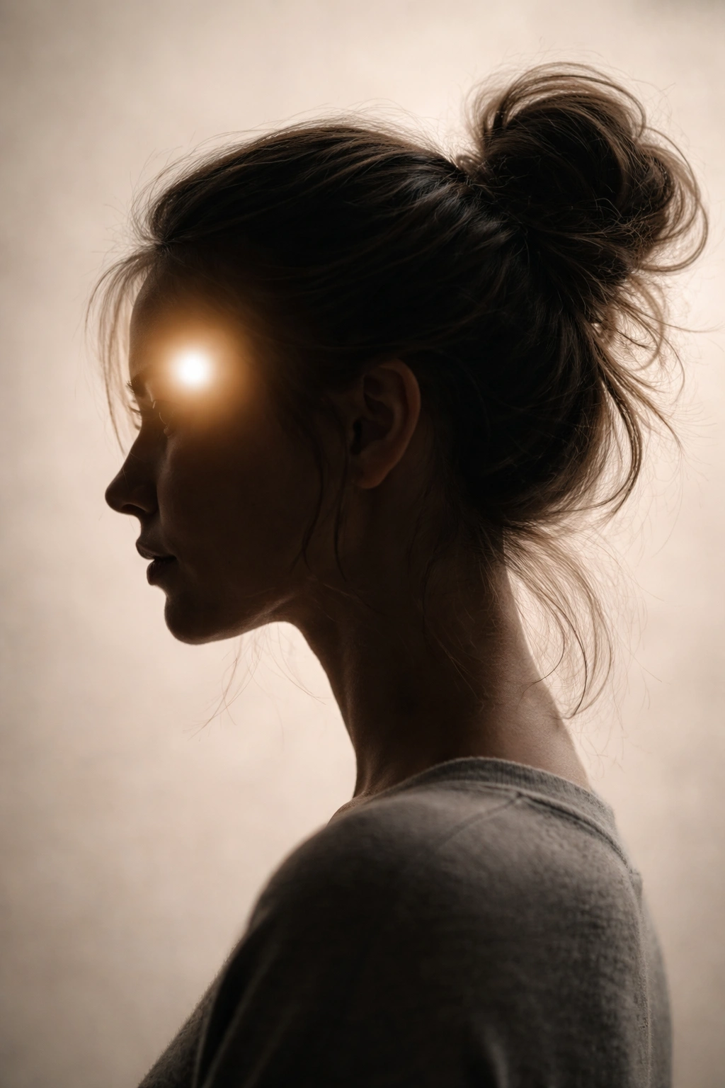 Profile head silhouette with glowing orb representing final thoughts on a neutral background