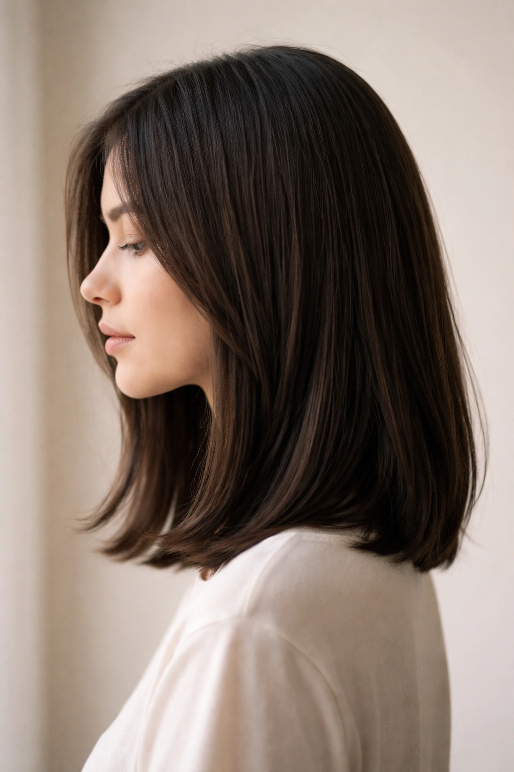 Minimalist profile silhouette with shoulder-length straight hair.