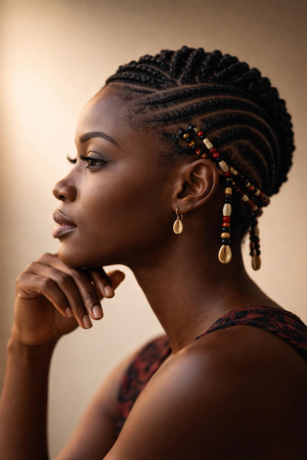 Silhouette of a person in a thoughtful pose with short Igbo hairstyle in studio lighting