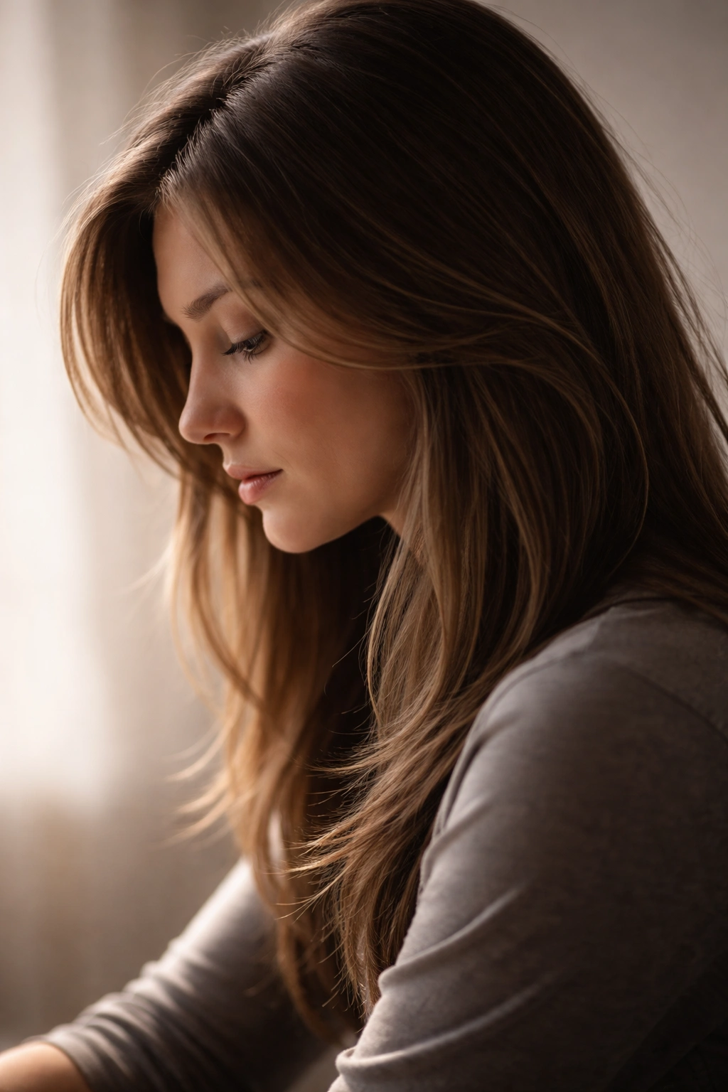 Silhouette of a person with hair framing the face in a contemplative pose