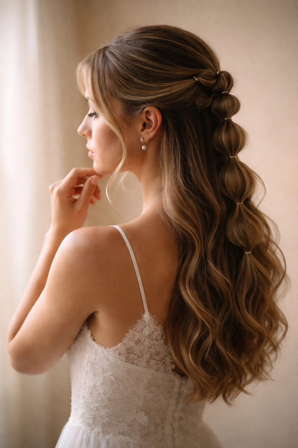 Silhouette of a contemplative figure in profile against a soft studio backdrop, symbolizing final thoughts on wedding bubble braid styling.