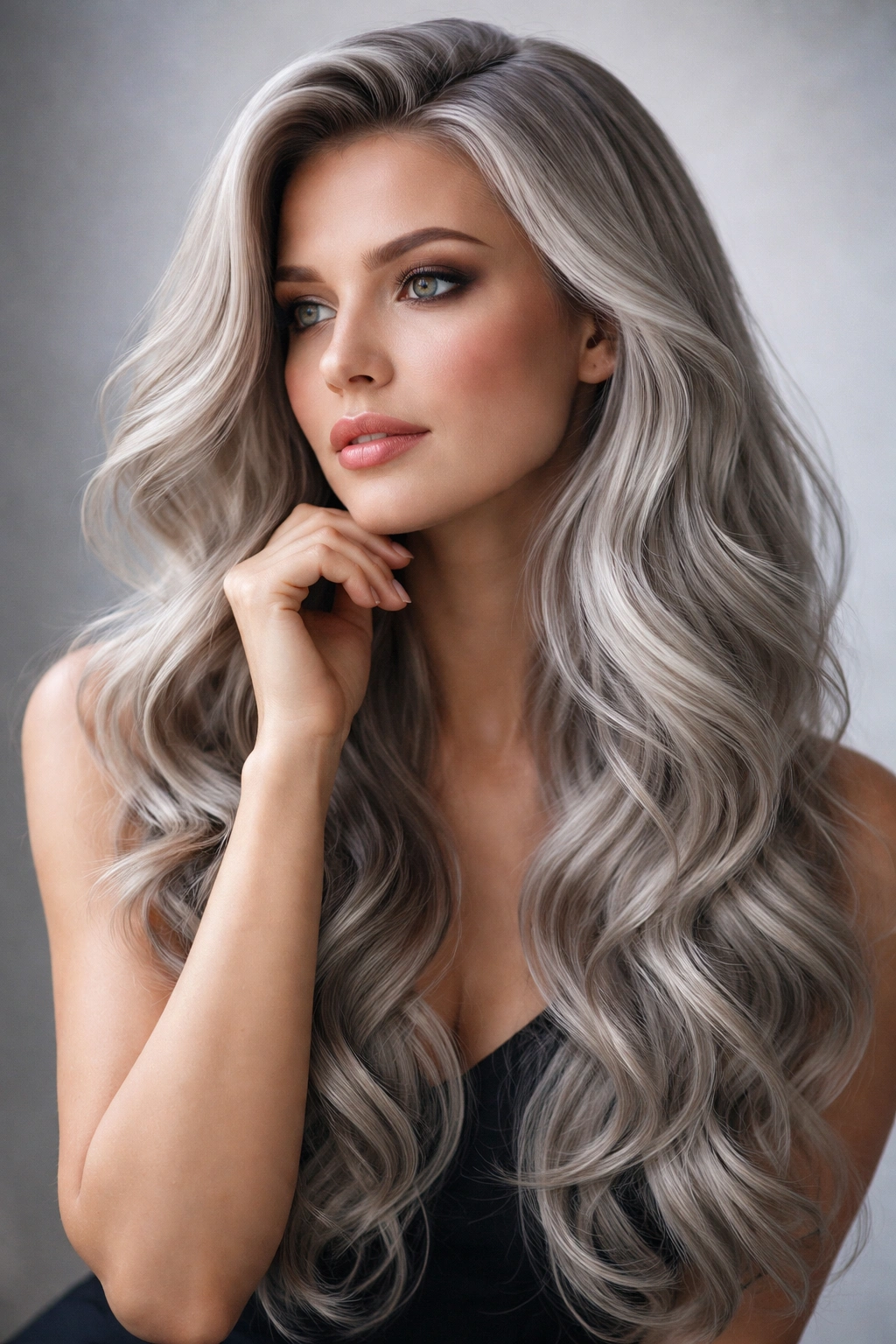 Portrait of a person with long silver wavy hair in a thoughtful pose
