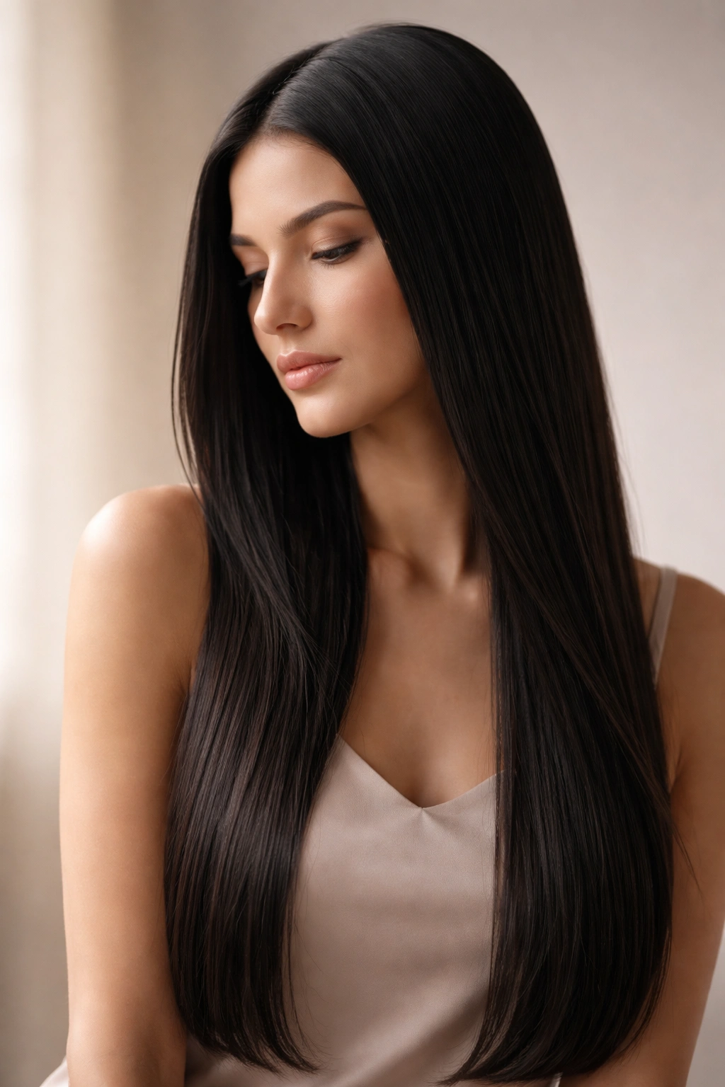 Contemplative portrait of a person with sleek straight hair