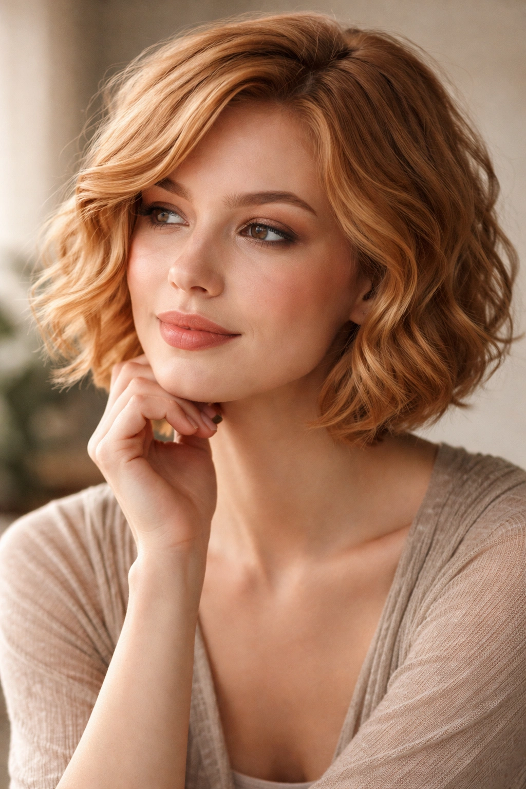 Thoughtful portrait of a person with strawberry-blonde short wavy hair.