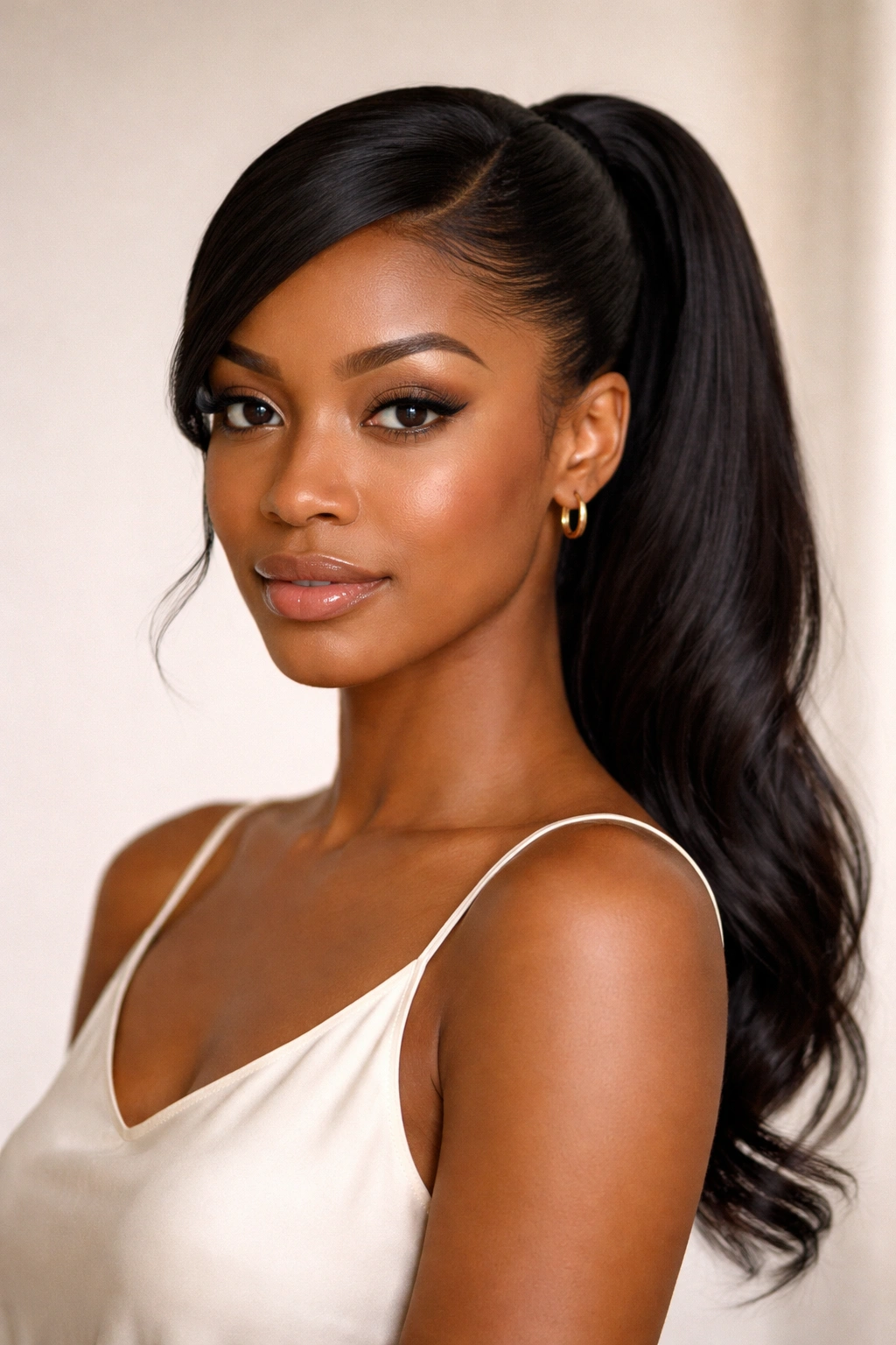 Head-and-shoulders portrait of a person with a polished swoop ponytail, conveying confidence.