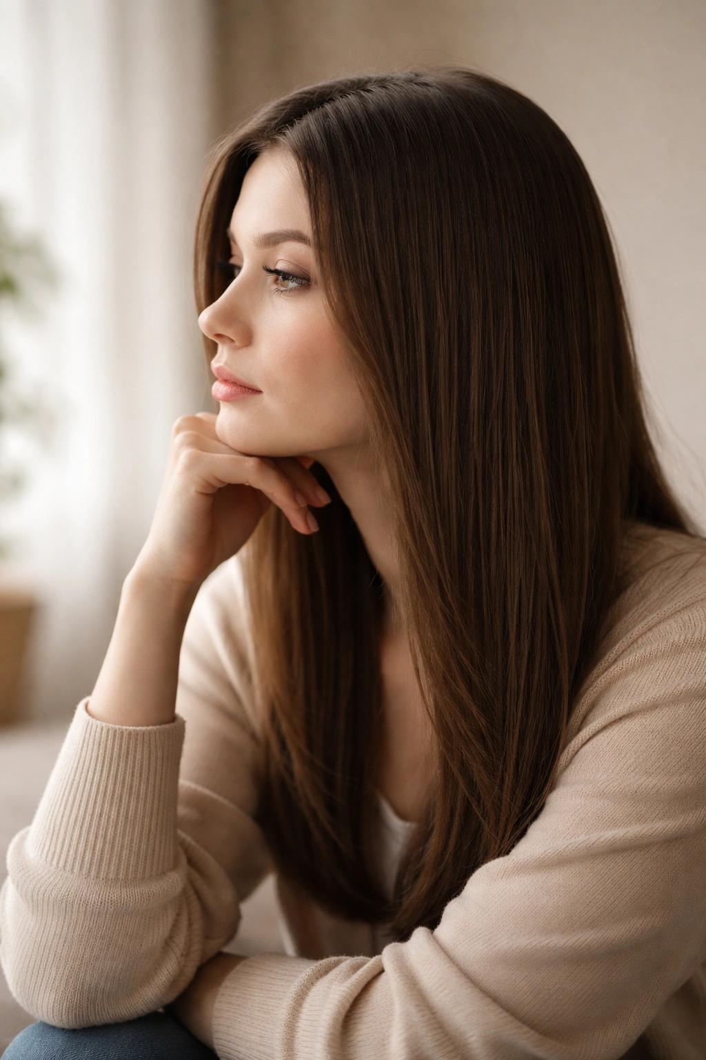 Silhouette of a person with straight hair in a thoughtful pose