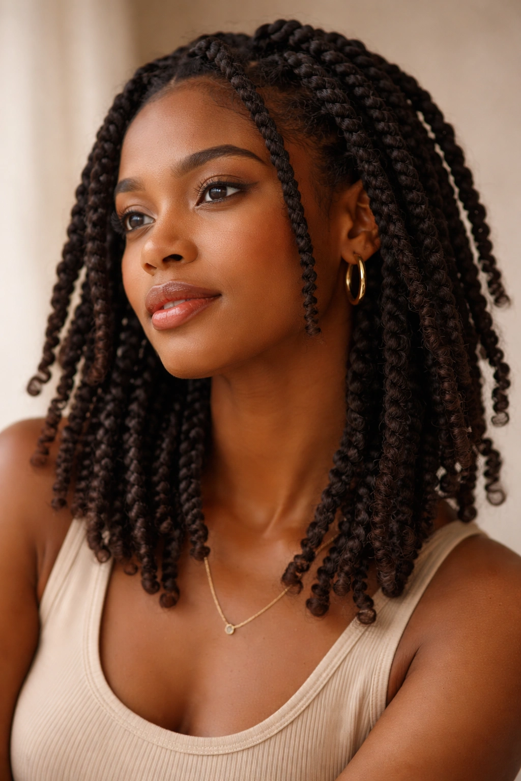Portrait of a person with coily hair in two-strand twists, thoughtful expression