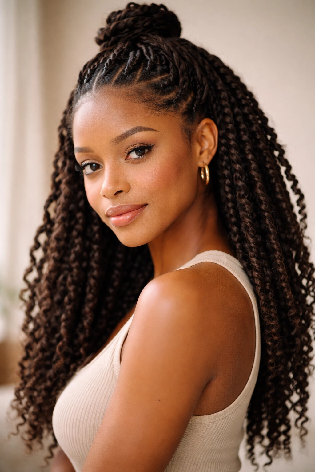 Thoughtful portrait of a person with natural hair in half up half down twists, studio lighting