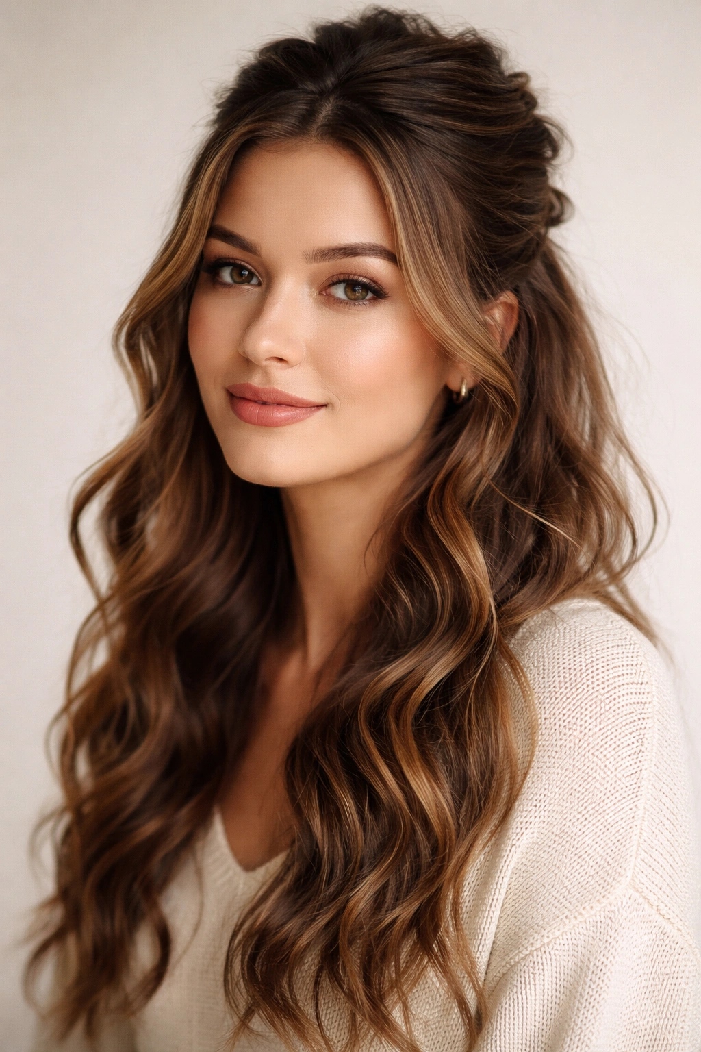Calm portrait of wavy hair in a relaxed half-up with natural texture