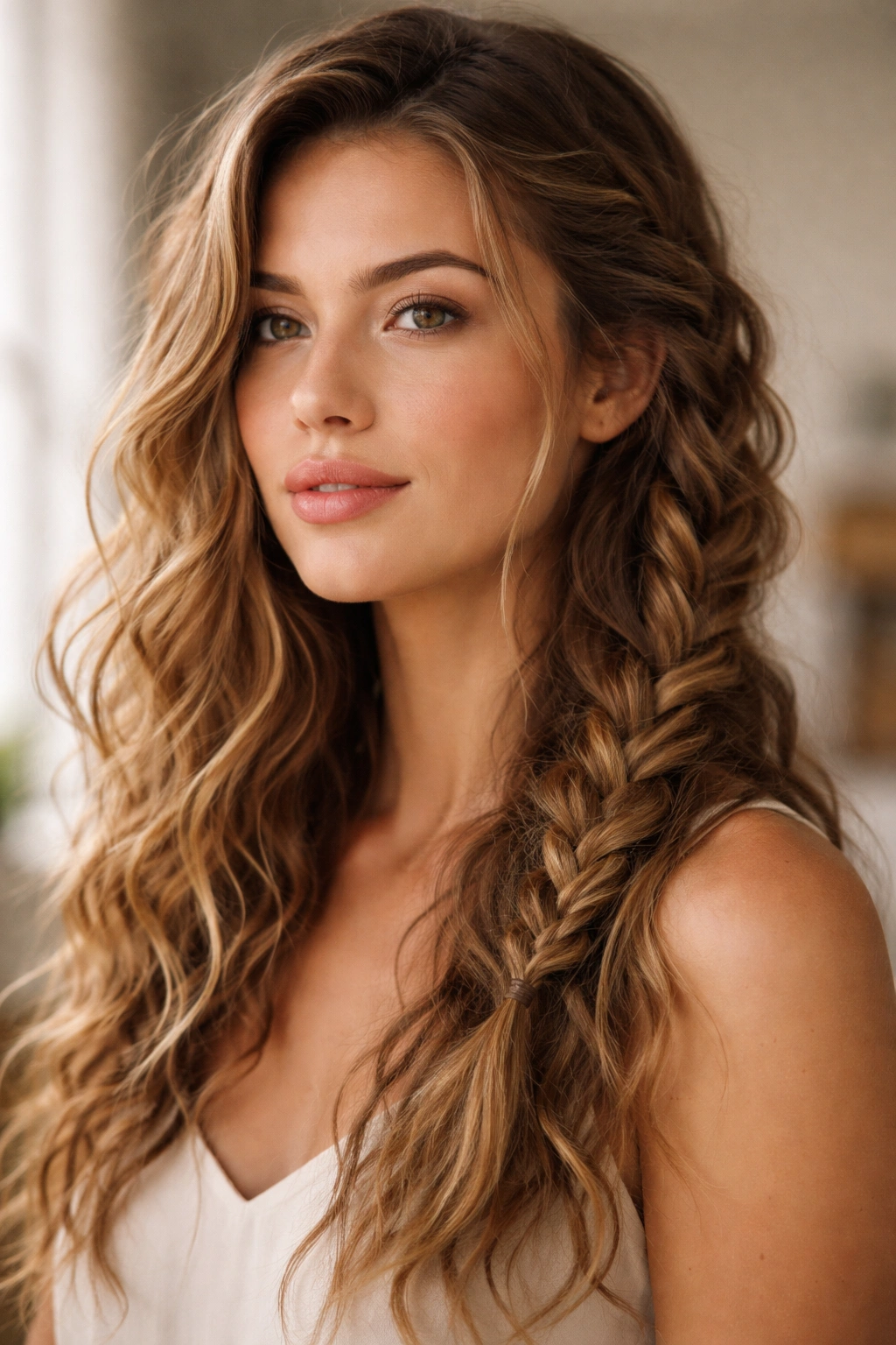 Close-up of wavy hair with a loose side braid, highlighting natural texture.