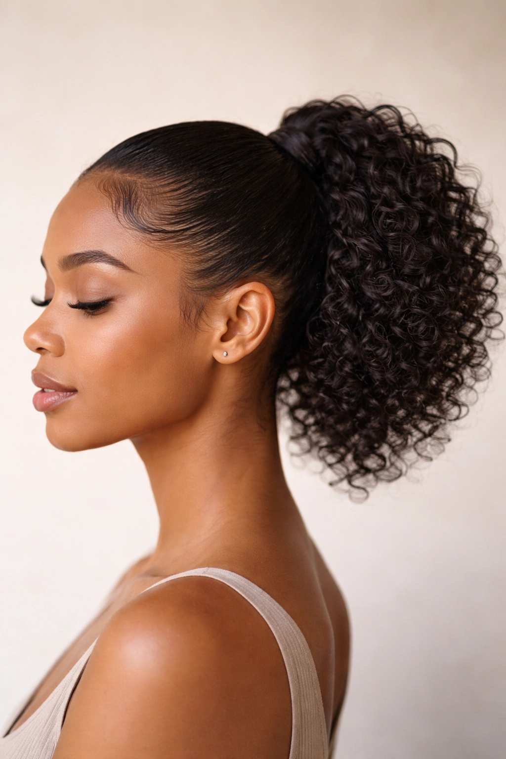Profile view of a head with a short weave ponytail in a calm, minimalist setting.
