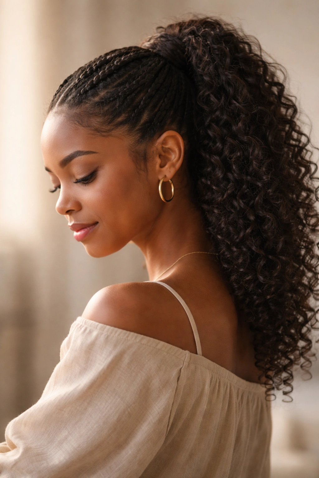 Profile portrait of a person with a mid weave ponytail under soft studio light