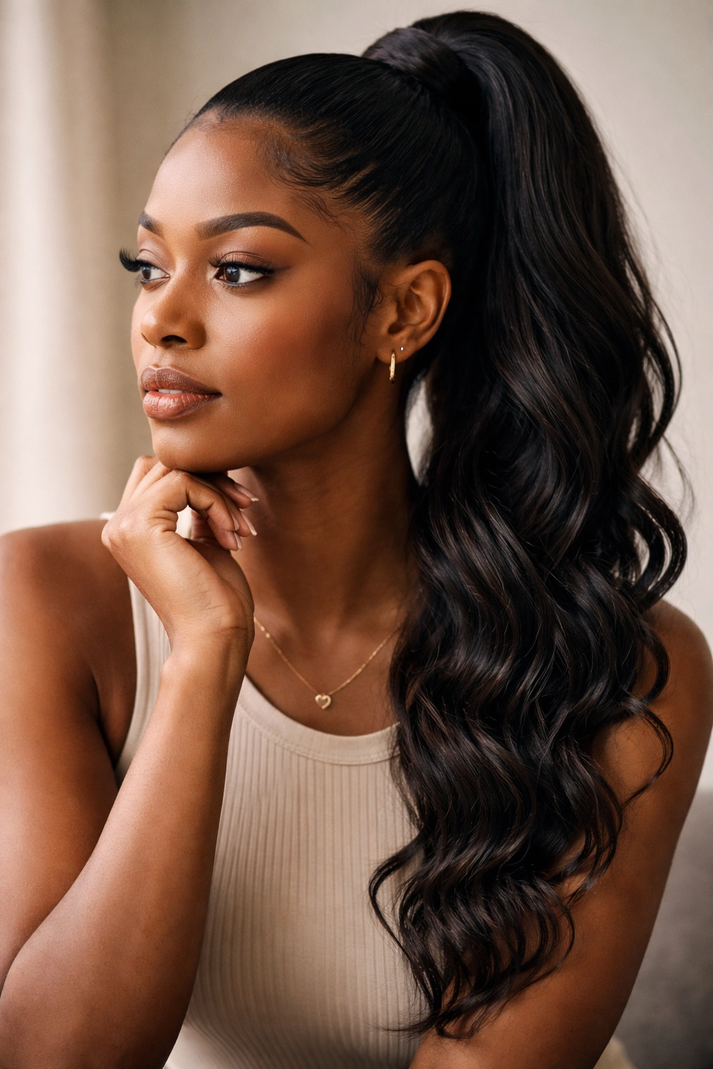Thoughtful portrait of a Black woman reflecting on hairstyle choices