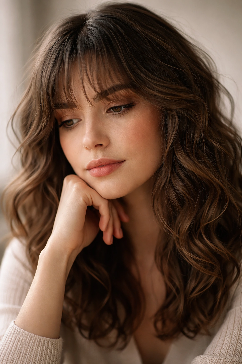 Contemplative portrait with wispy bangs for final thoughts concept