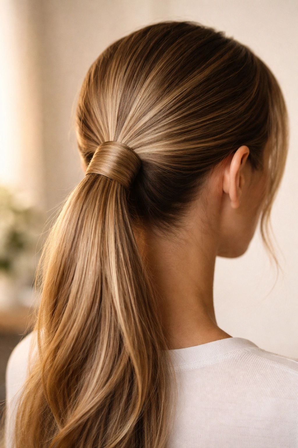 Finished wrapped ponytail in a calm studio setting