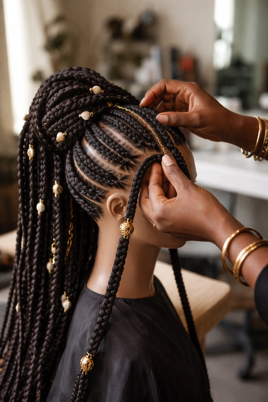 Stylist hands adjusting bold Yoruba braid on mannequin head